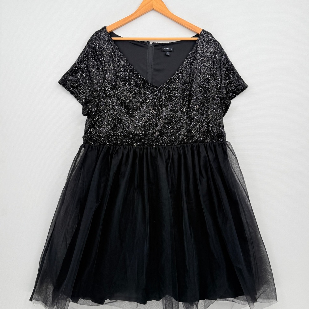 Torrid Sequin Tulle Dress Womens 20 Black Fit Flare Short Sleeve Goth Glam Party